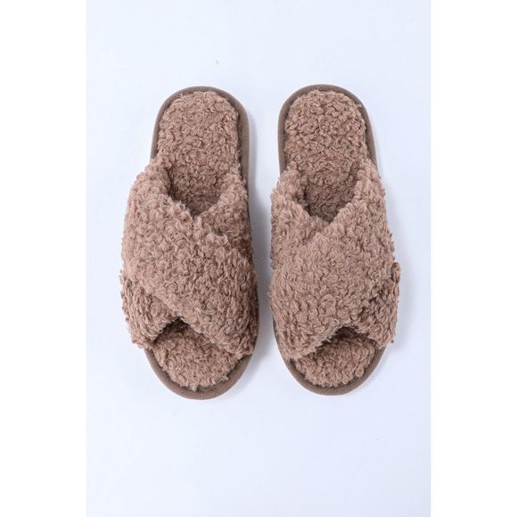 Azura Exchange  Brown Teddy Fur Cross Straps Home Slippers - Picture 6 of 13